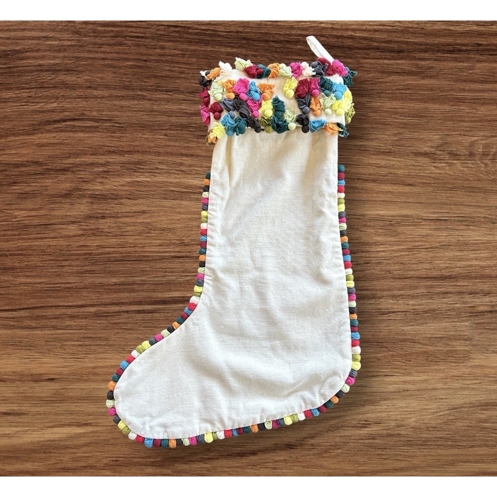 Crate & Barrel Christmas Stocking 17.5" Confetti Rag Pom‎ Pom Folk Art Retro